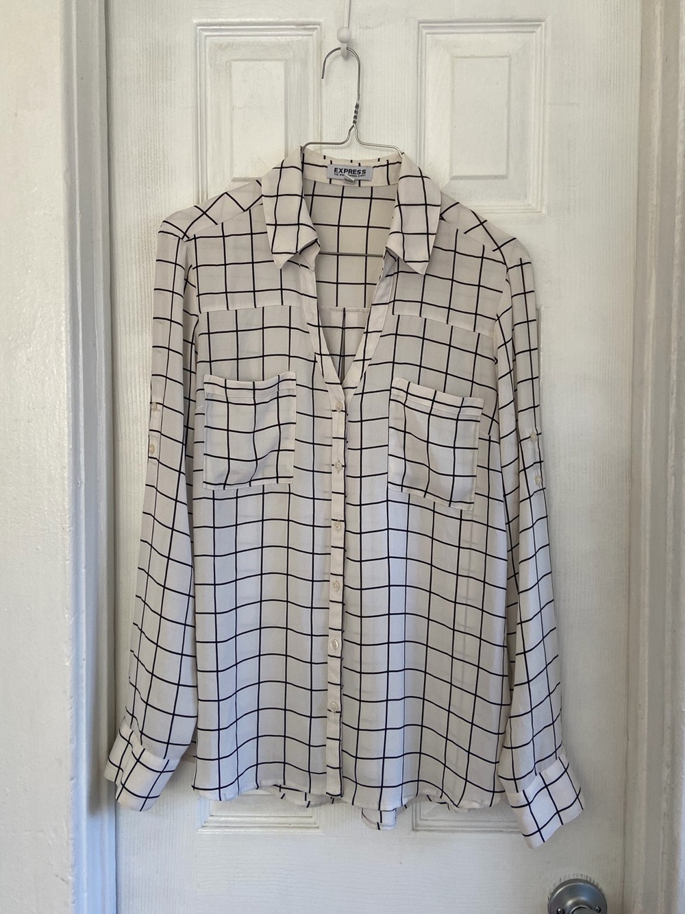 Vintage Express Cream and Black Windowpane Button-Up Top